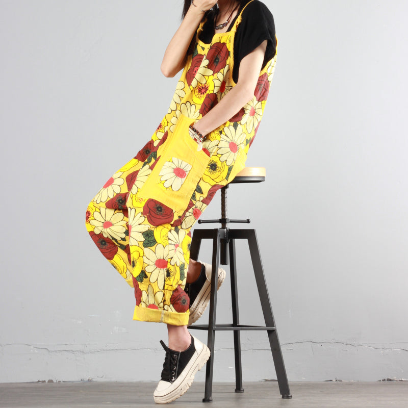 Chrysanthemum Print Wide-leg Overalls