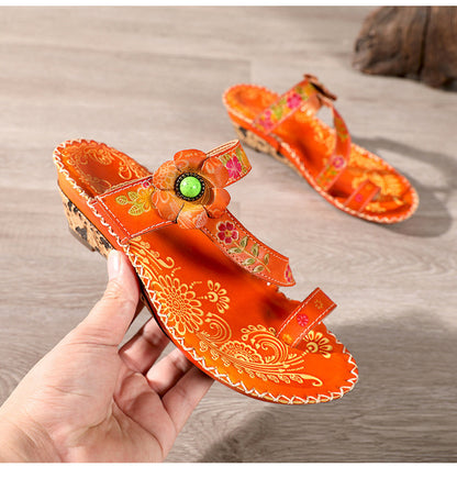 Retro Handmade Floral Wedge Flip Flops Sandals