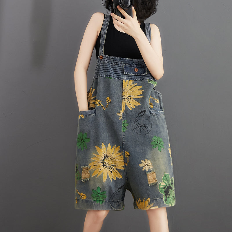 Flower Print Denim Rompers