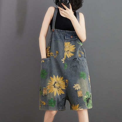 Flower Print Denim Rompers
