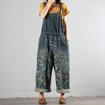 Printed Ripped Denim Overalls