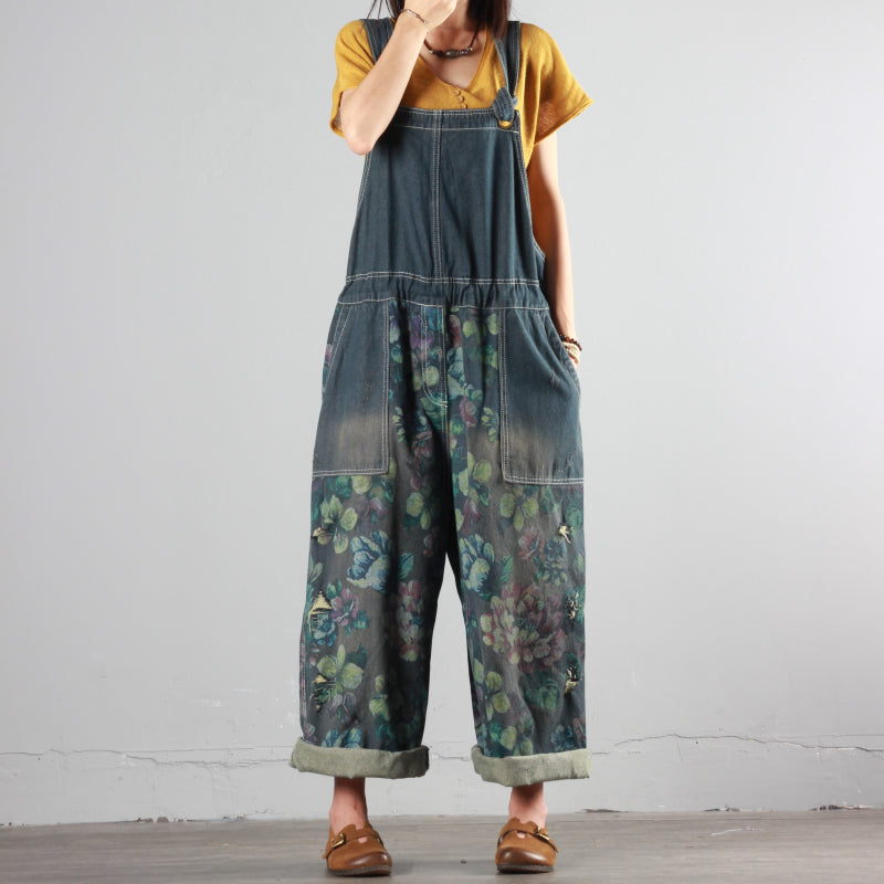 Printed Ripped Denim Overalls