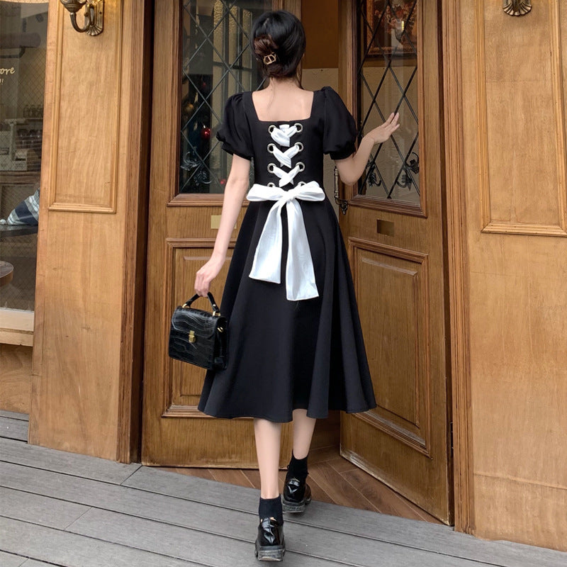French Summer Retro Lace-up Waist Dress