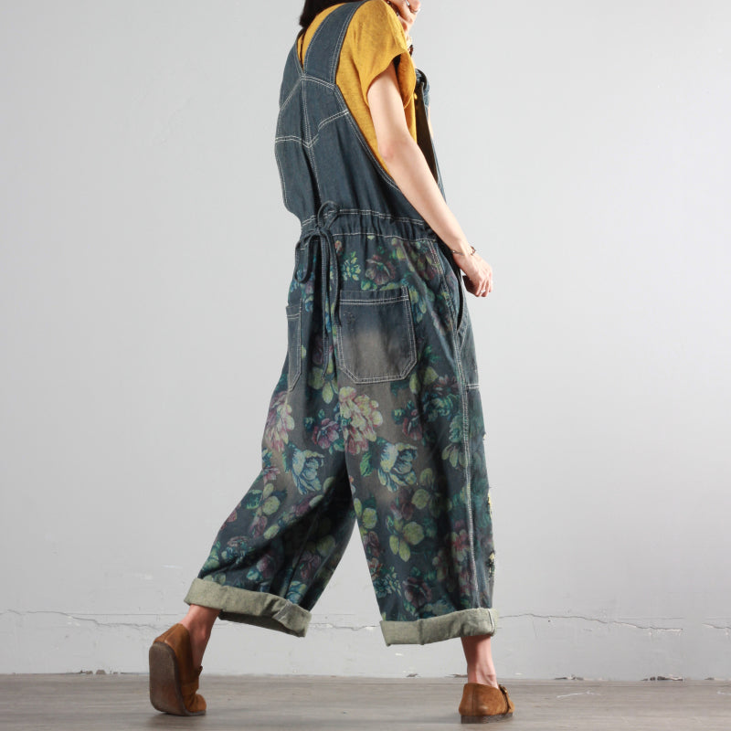 Printed Ripped Denim Overalls