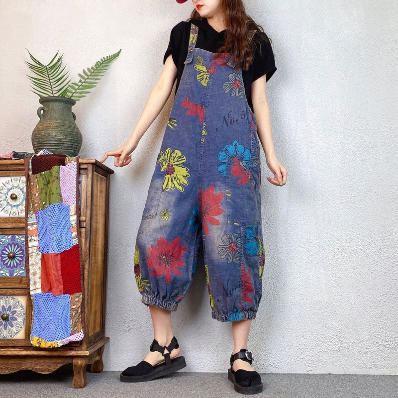 Loose Ethnic Floral Print Denim Overalls