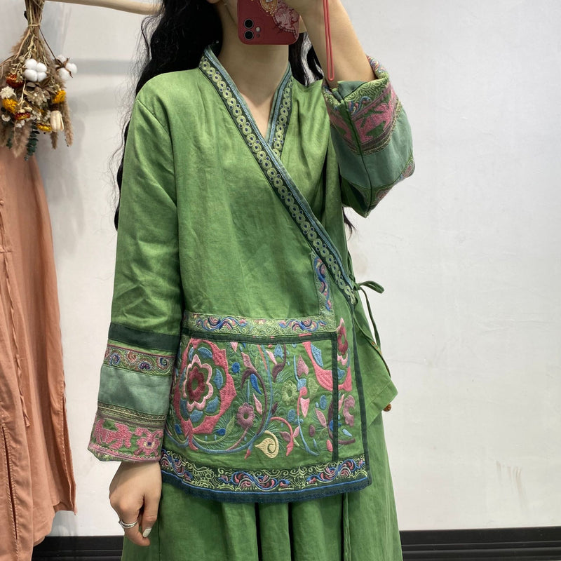 Ethnic Embroidery Cardigan Vintage Linen Blouses