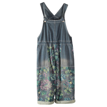 Printed Ripped Denim Overalls
