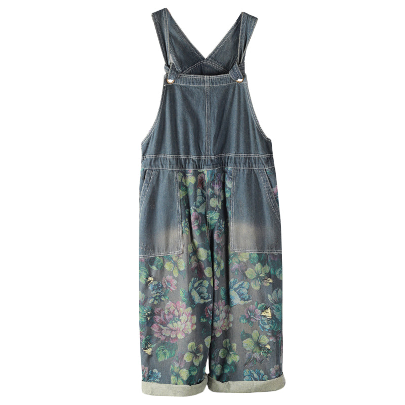 Printed Ripped Denim Overalls