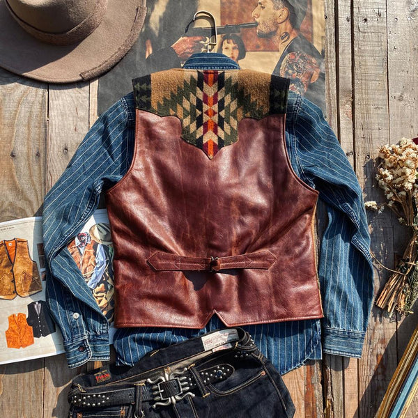 Men¡¯s Navajo Totem Tobacco Waxed Cowhide Vest
