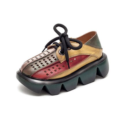 Retro Multicolor Hollow Genuine Leather Platform Sandals