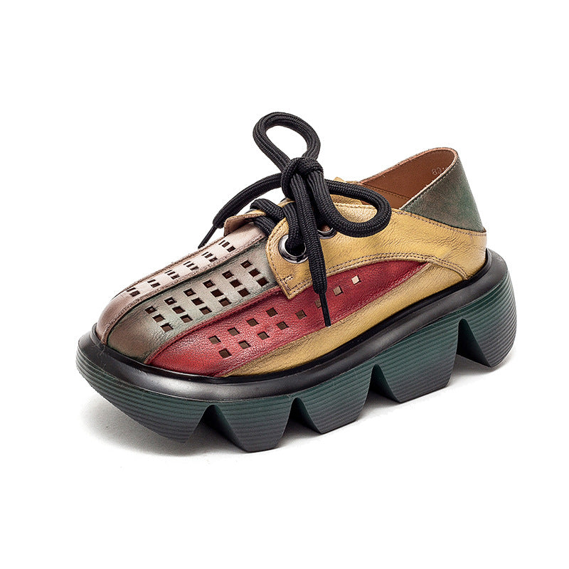 Retro Multicolor Hollow Genuine Leather Platform Sandals