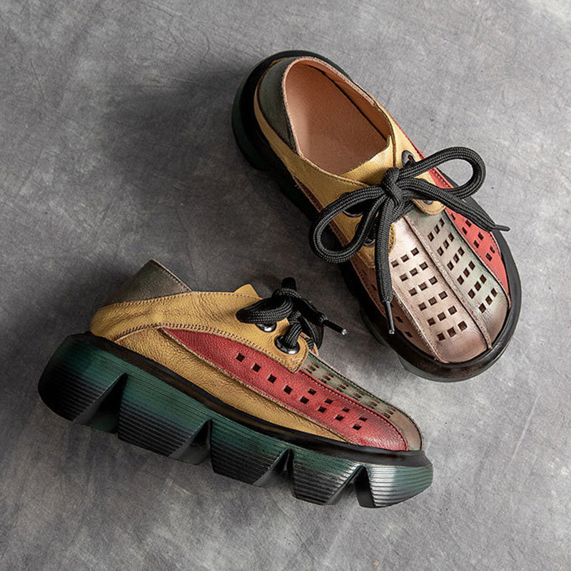 Retro Multicolor Hollow Genuine Leather Platform Sandals