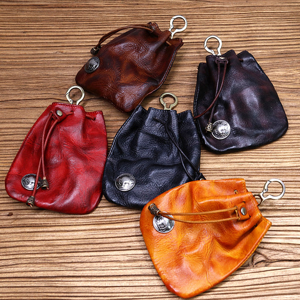 Cowhide Waist Pleated Drawstring Coin Purse Storage Bag