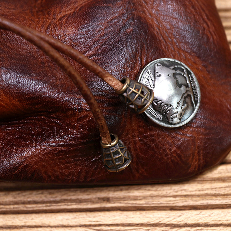 Cowhide Waist Pleated Drawstring Coin Purse Storage Bag