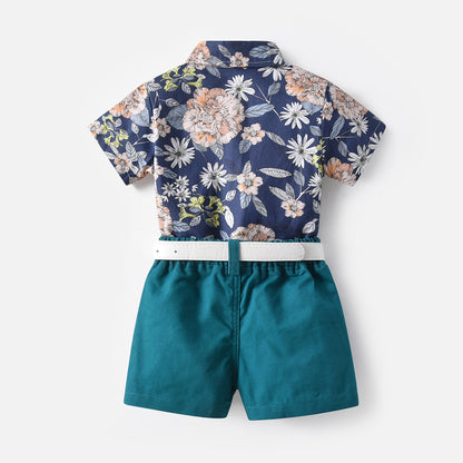 Two-piece Summer Flower Short-sleeved Shirt + Shorts