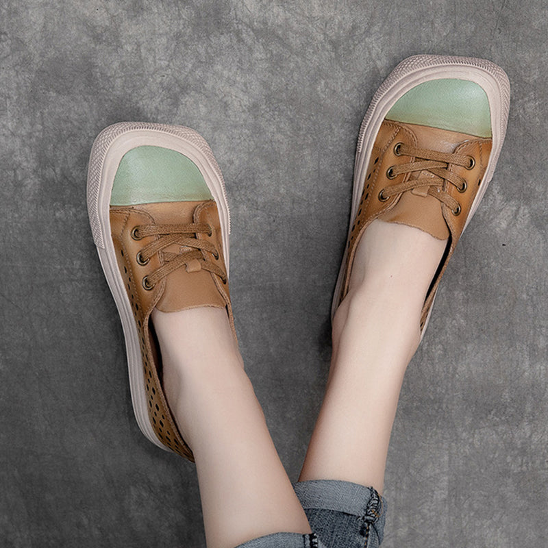 Leather Hollow Square Head Casual Shoes