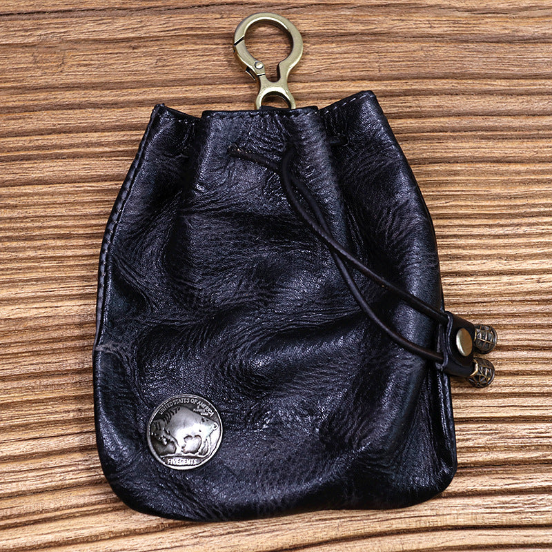 Cowhide Waist Pleated Drawstring Coin Purse Storage Bag
