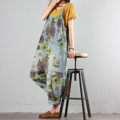 Chrysanthemum Print Wide-leg Overalls