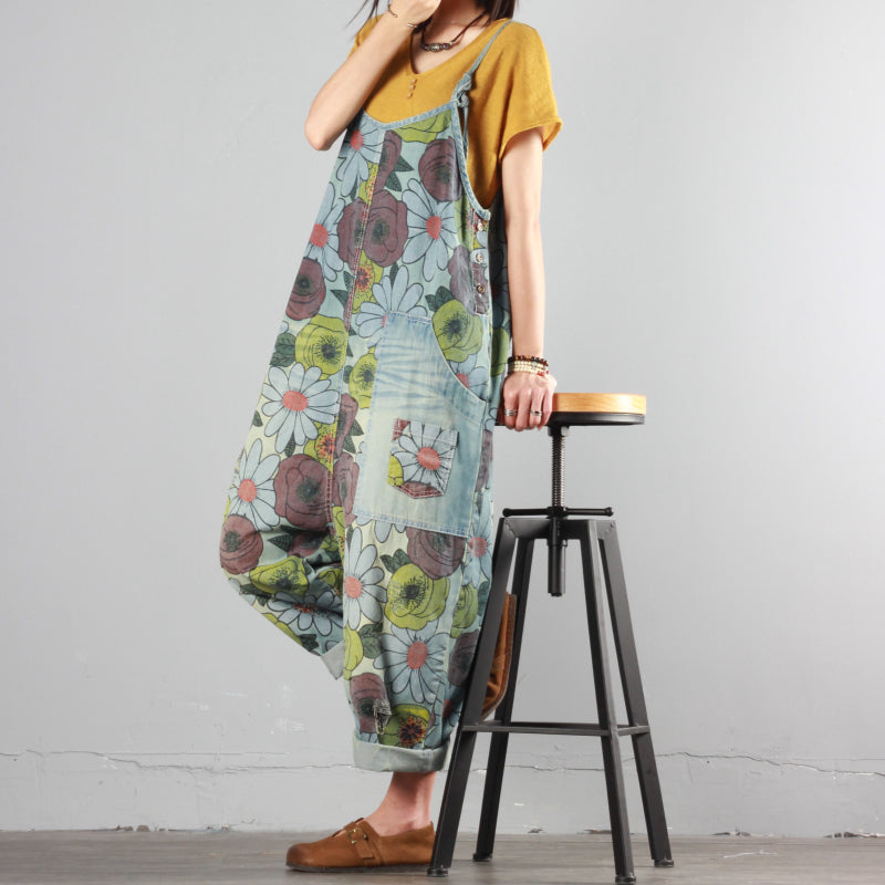 Chrysanthemum Print Wide-leg Overalls