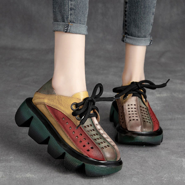 Retro Multicolor Hollow Genuine Leather Platform Sandals