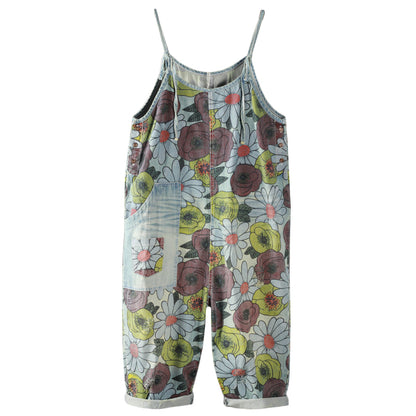 Chrysanthemum Print Wide-leg Overalls