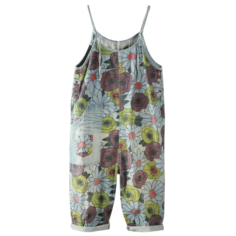 Chrysanthemum Print Wide-leg Overalls
