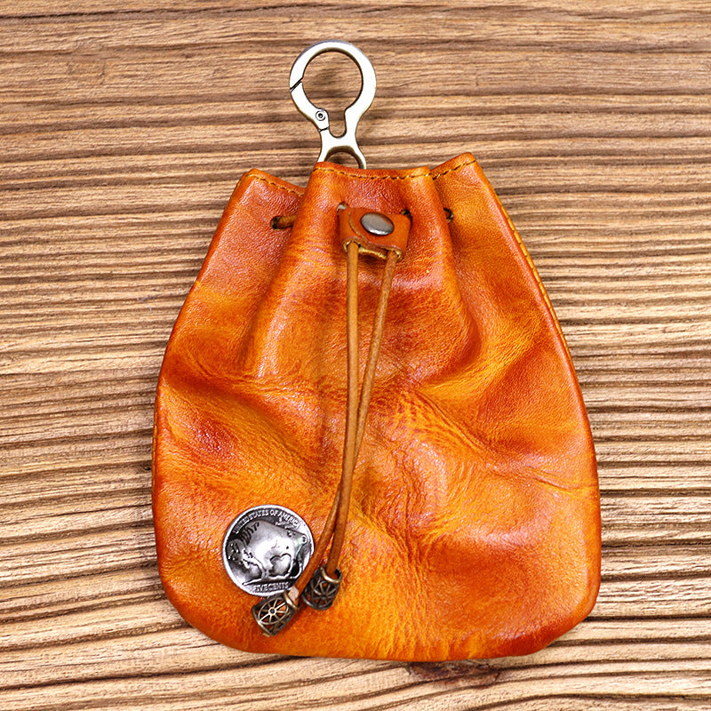 Cowhide Waist Pleated Drawstring Coin Purse Storage Bag