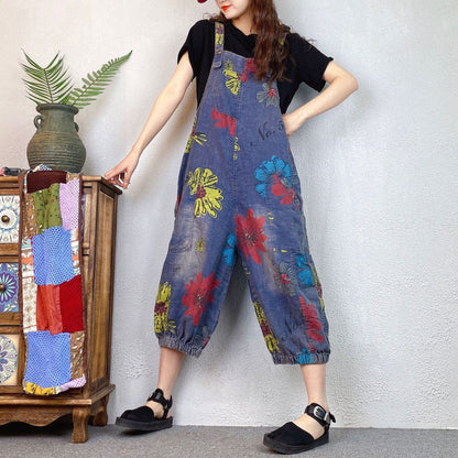 Loose Ethnic Floral Print Denim Overalls