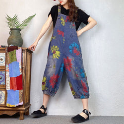 Loose Ethnic Floral Print Denim Overalls