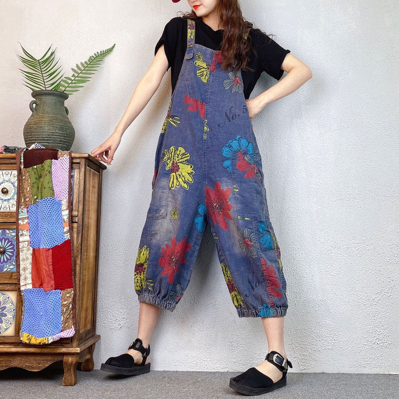 Loose Ethnic Floral Print Denim Overalls