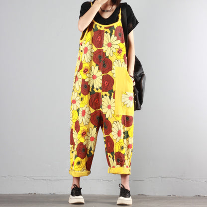 Chrysanthemum Print Wide-leg Overalls