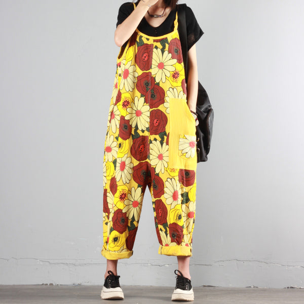 Chrysanthemum Print Wide-leg Overalls