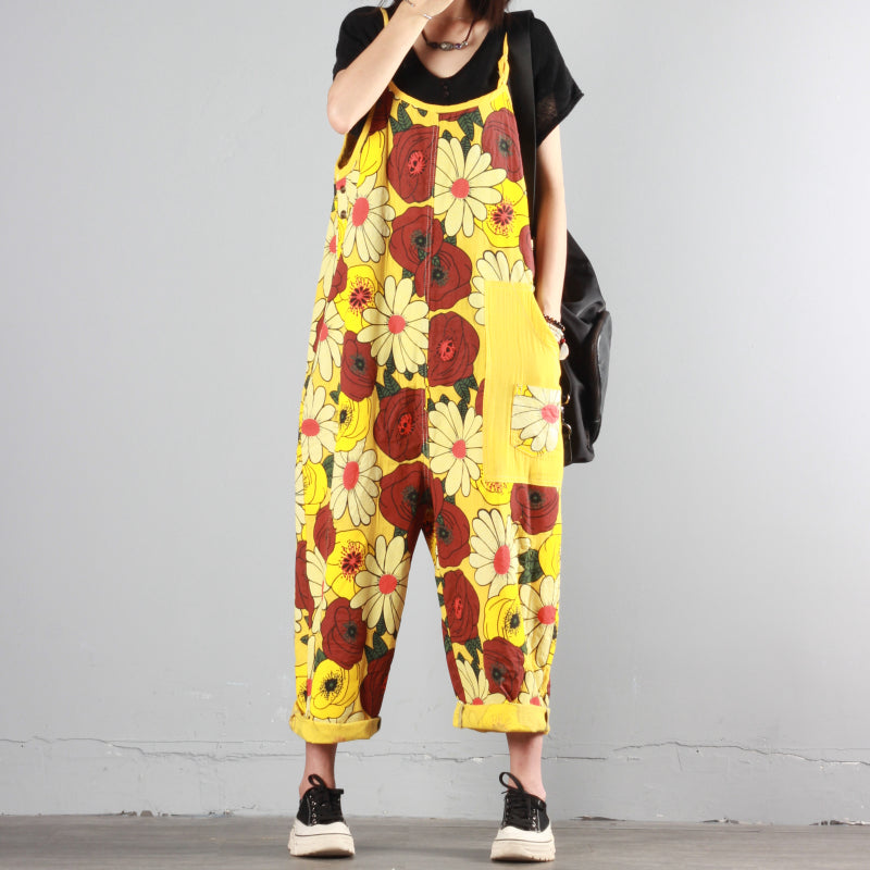 Chrysanthemum Print Wide-leg Overalls