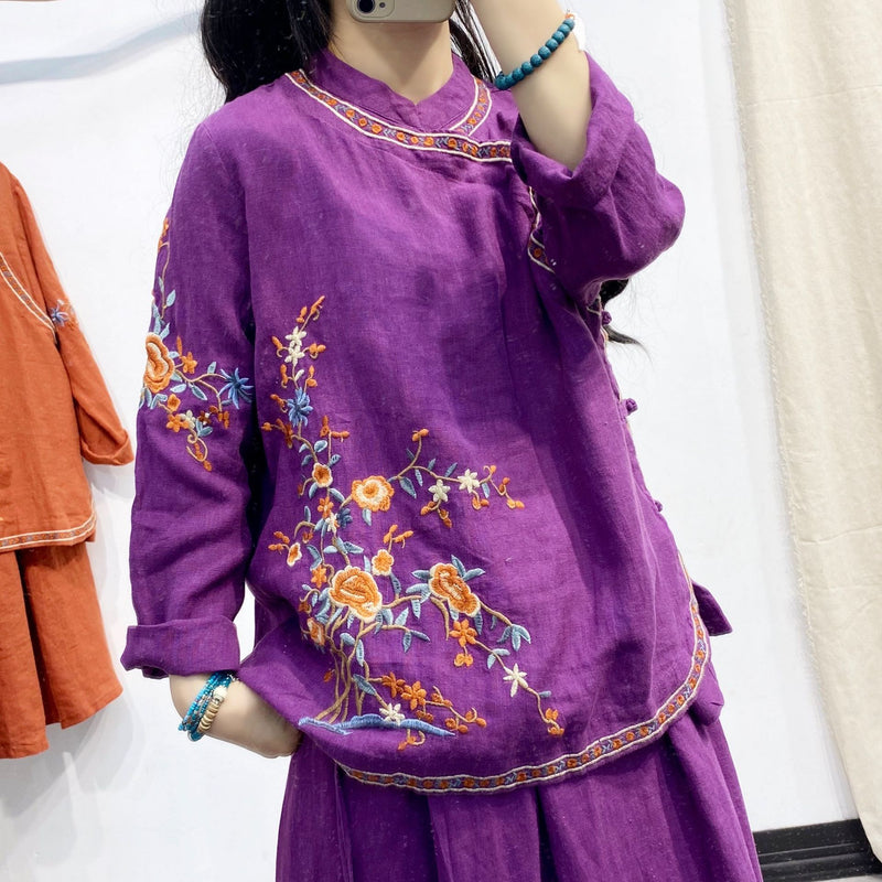 Retro Embroidered Linen Long-sleeved Shirts