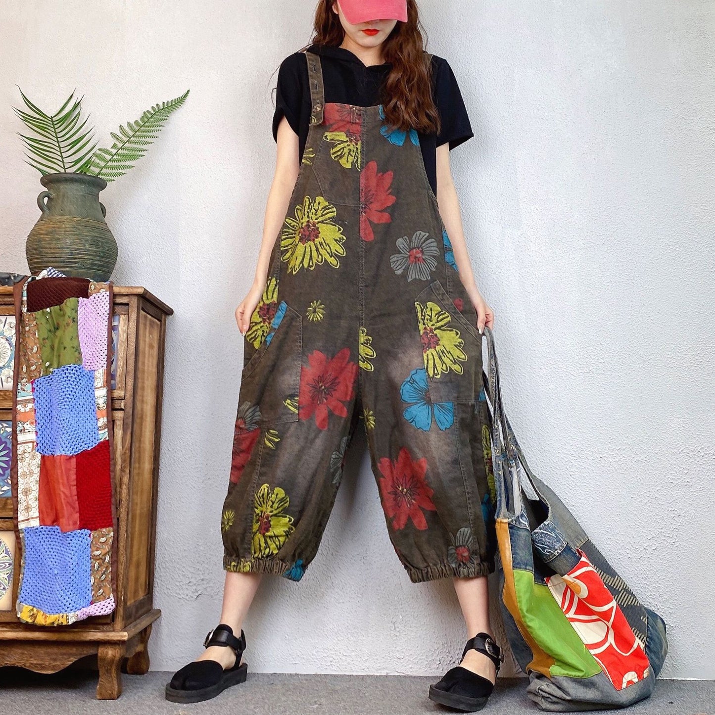 Loose Ethnic Floral Print Denim Overalls