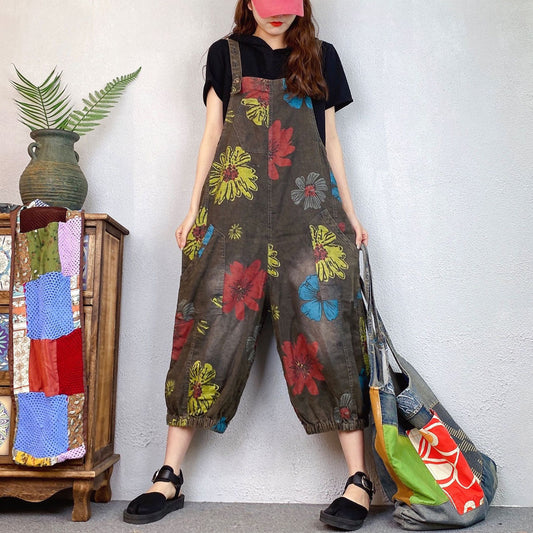 Loose Ethnic Floral Print Denim Overalls