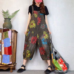 Loose Ethnic Floral Print Denim Overalls