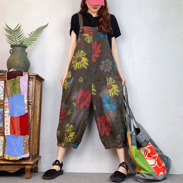 Loose Ethnic Floral Print Denim Overalls