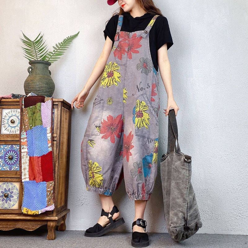 Loose Ethnic Floral Print Denim Overalls