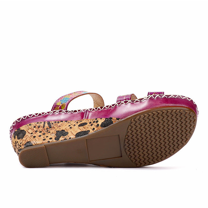 Retro Handmade Floral Wedge Flip Flops Sandals