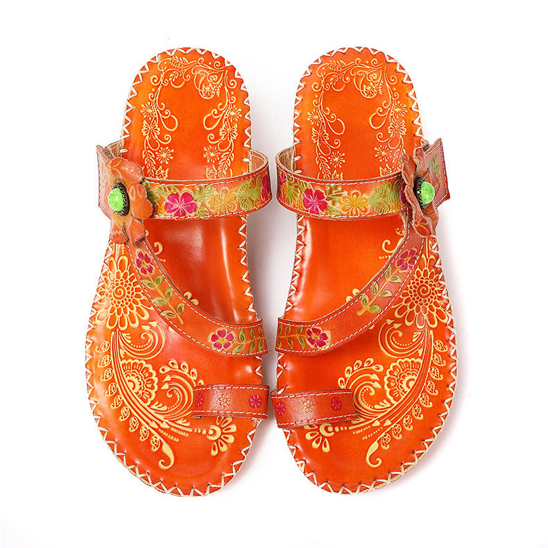 Retro Handmade Floral Wedge Flip Flops Sandals