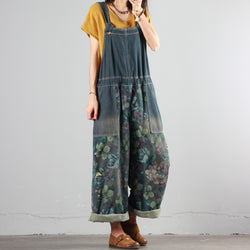 Printed Ripped Denim Overalls