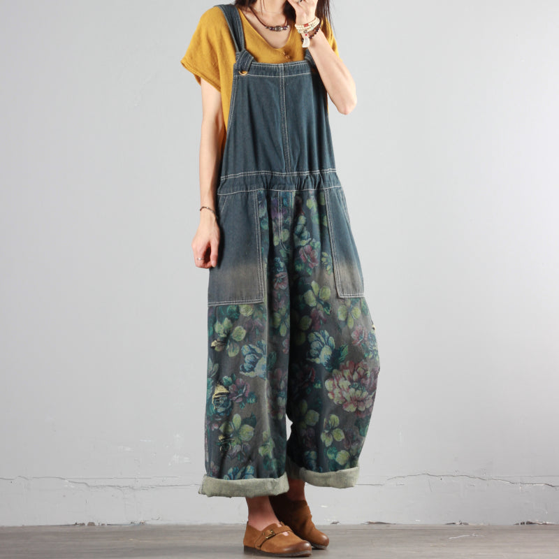 Printed Ripped Denim Overalls