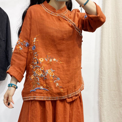Retro Embroidered Linen Long-sleeved Shirts