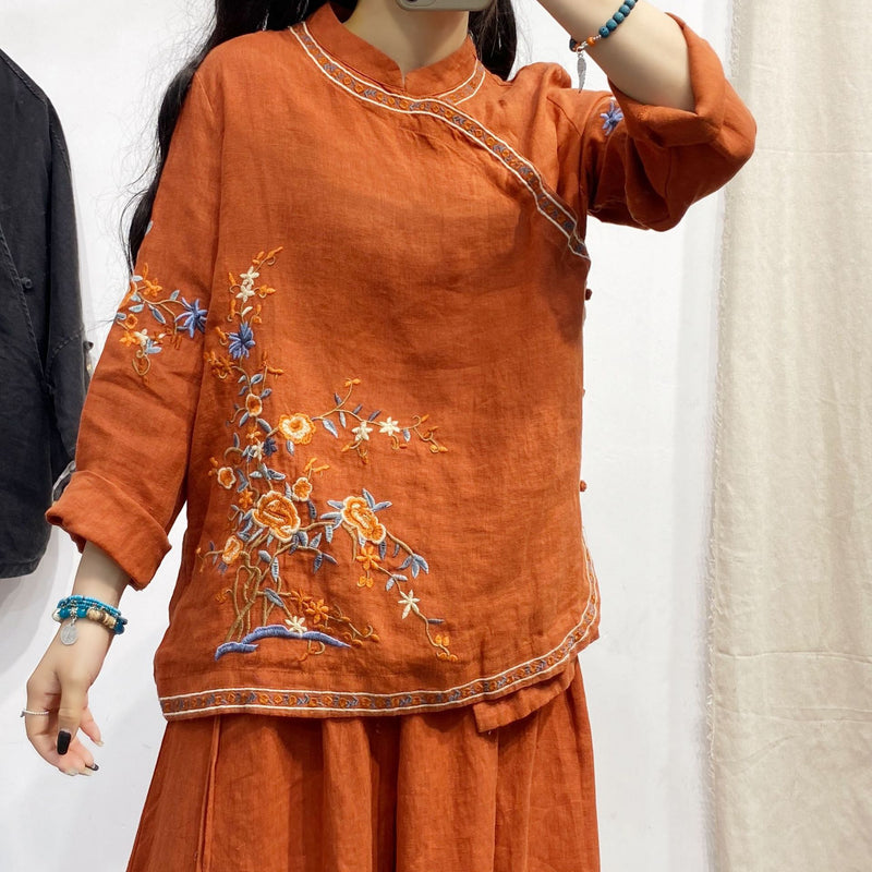 Retro Embroidered Linen Long-sleeved Shirts