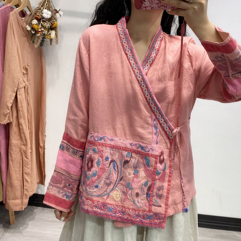 Ethnic Embroidery Cardigan Vintage Linen Blouses