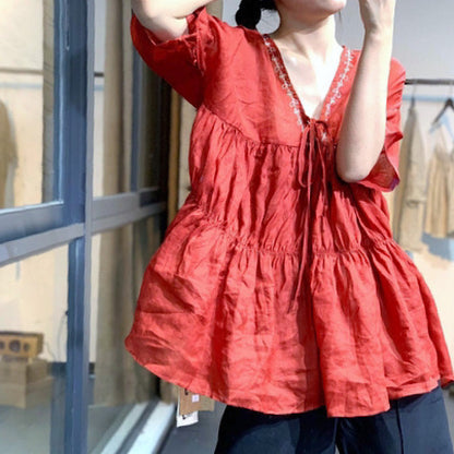 Retro Embroidered V-neck Blouse