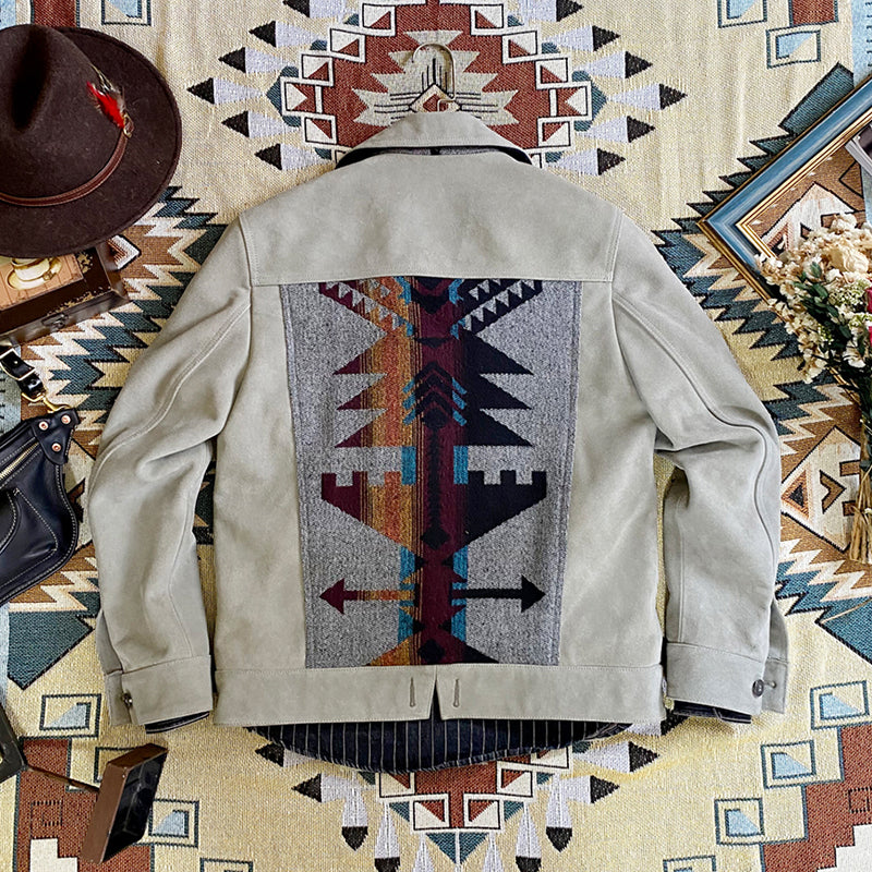 Men's Vintage Navajo Paneling Suede Leather Jacket