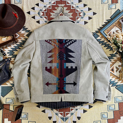 Men's Vintage Navajo Paneling Suede Leather Jacket