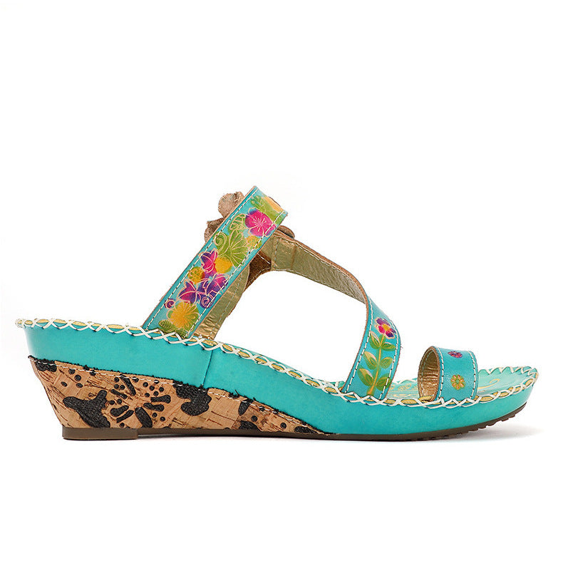 Retro Handmade Floral Wedge Flip Flops Sandals